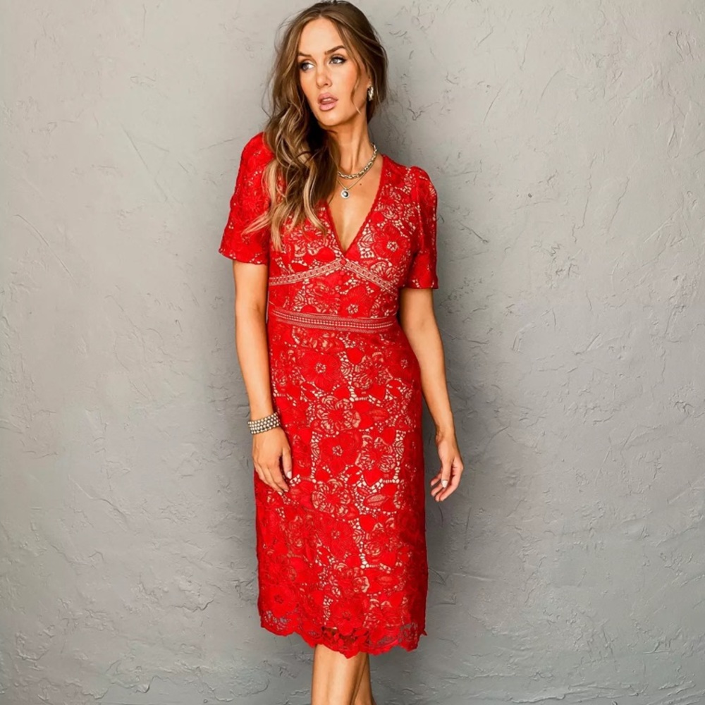 Adelyn Rae Red Lace Midi Dress